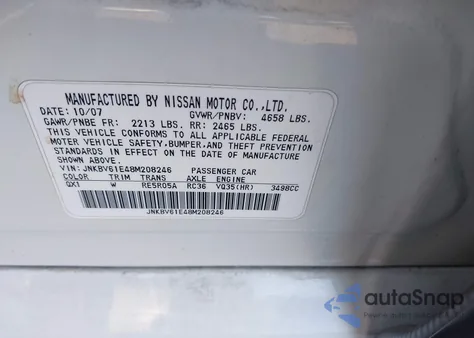 2008 Infiniti G35 Journey z USA, uszkodzony, nr VIN JNKBV61E48M208246